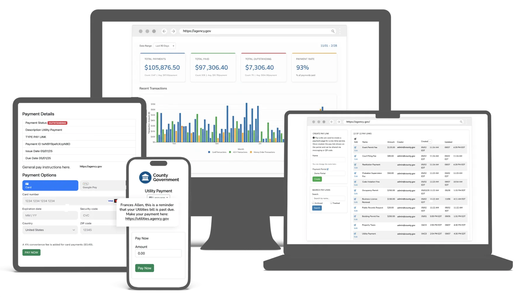 GovPayPlan administration dashboard with payment and report views