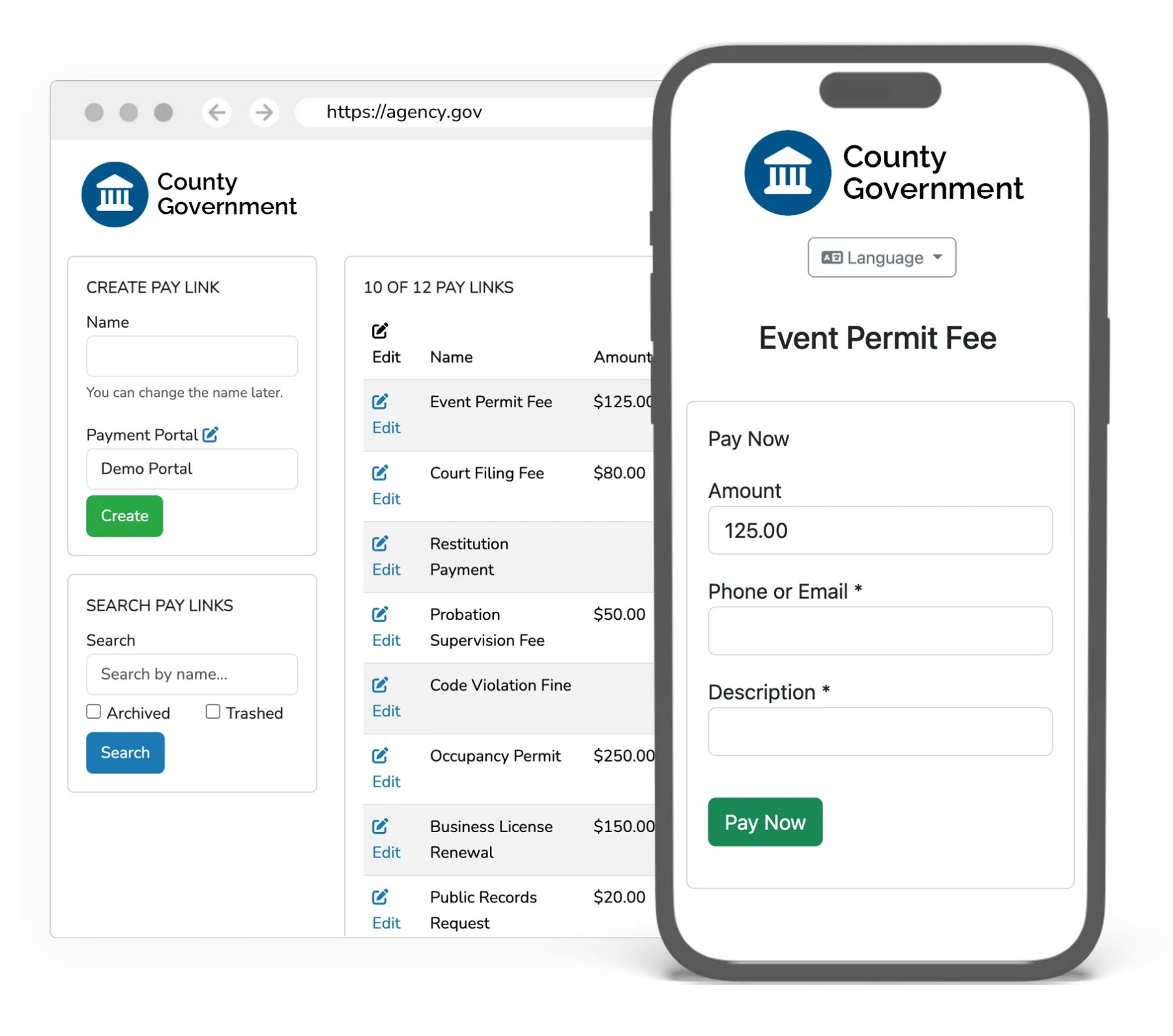 GovPayPlan form builder and the resulting application form on a mobile device