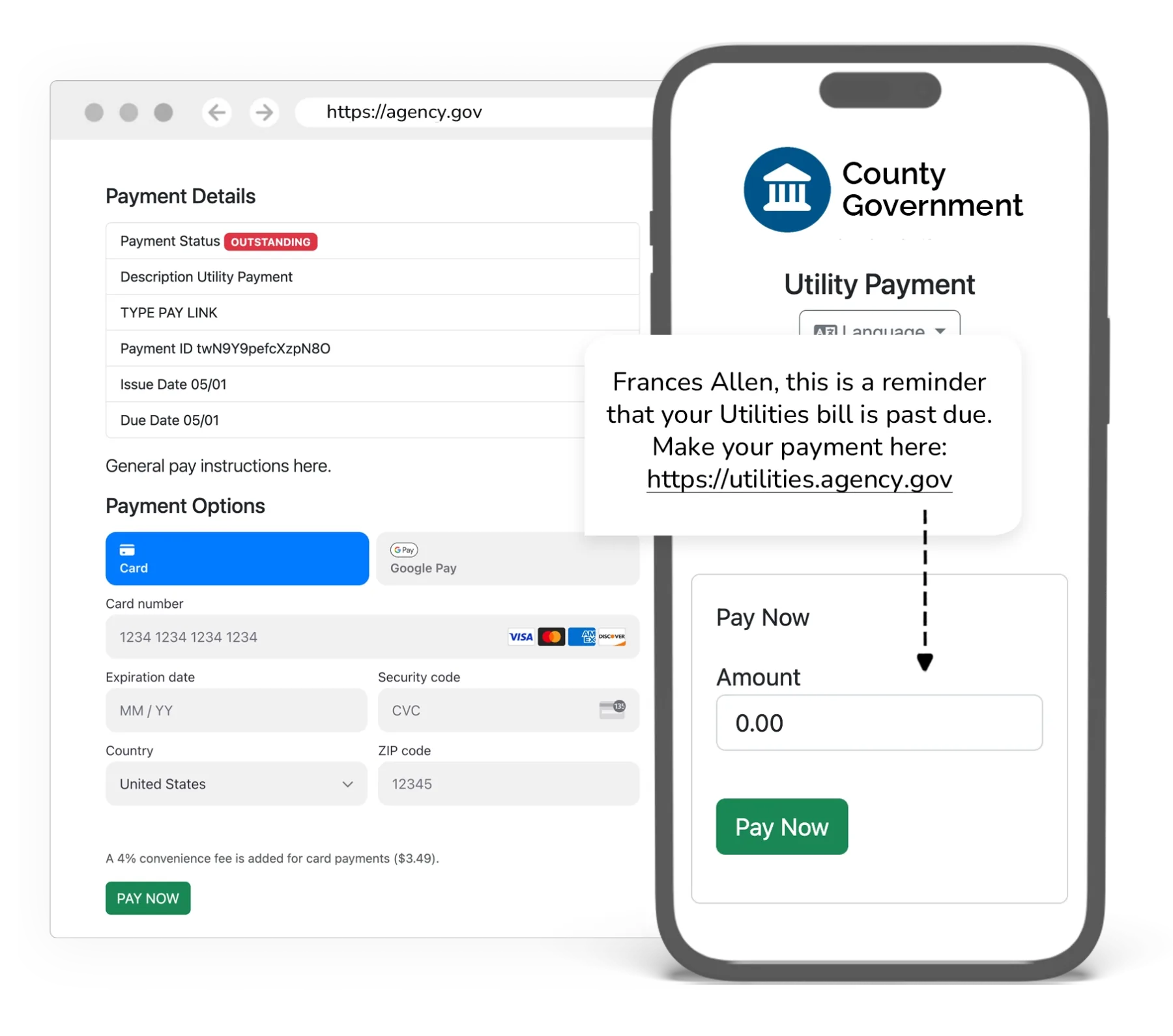 GovPayPlan payment link and the payment experience on a phone