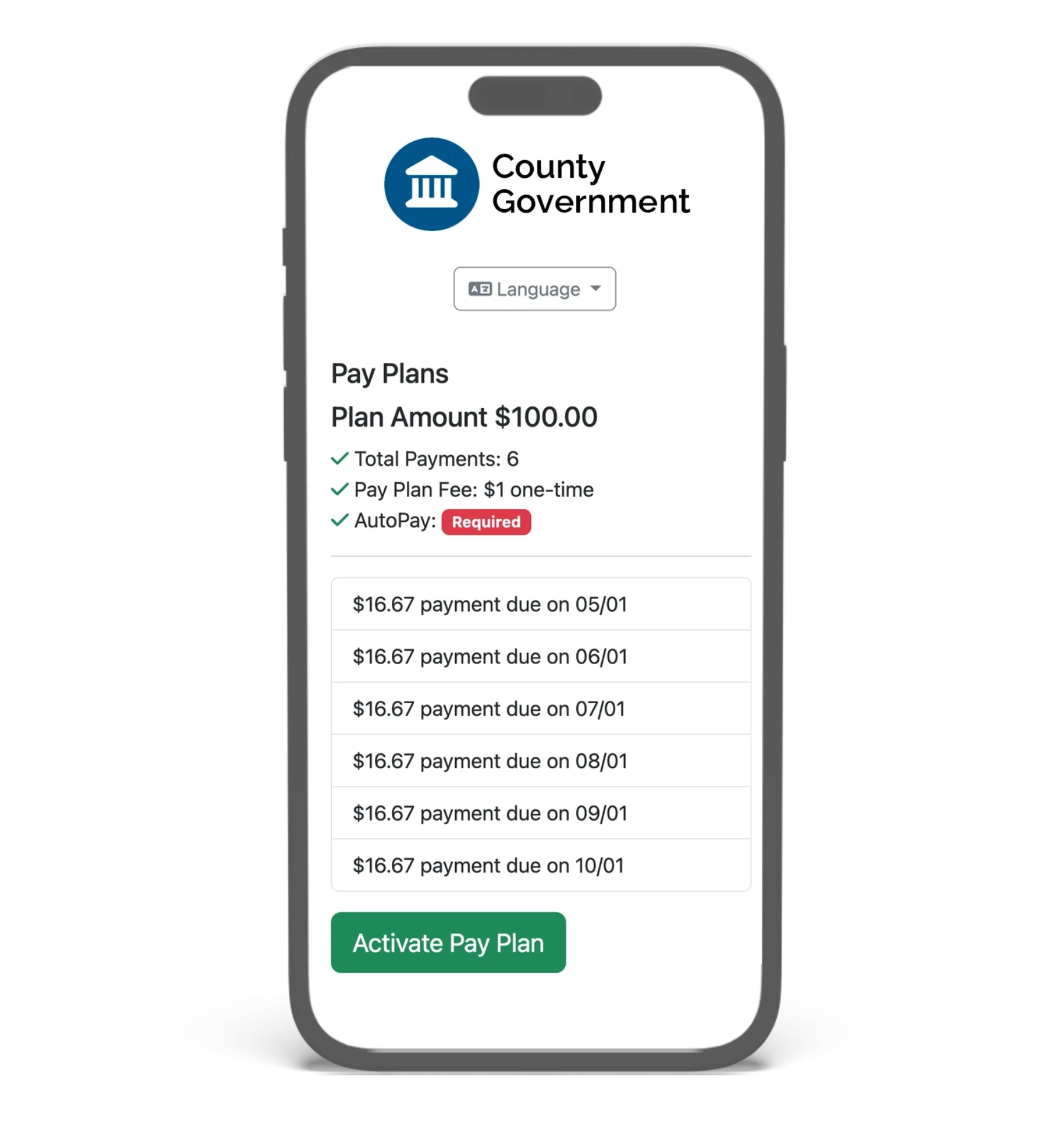 GovPayPlan installment payment plan for a court fine on a mobile device